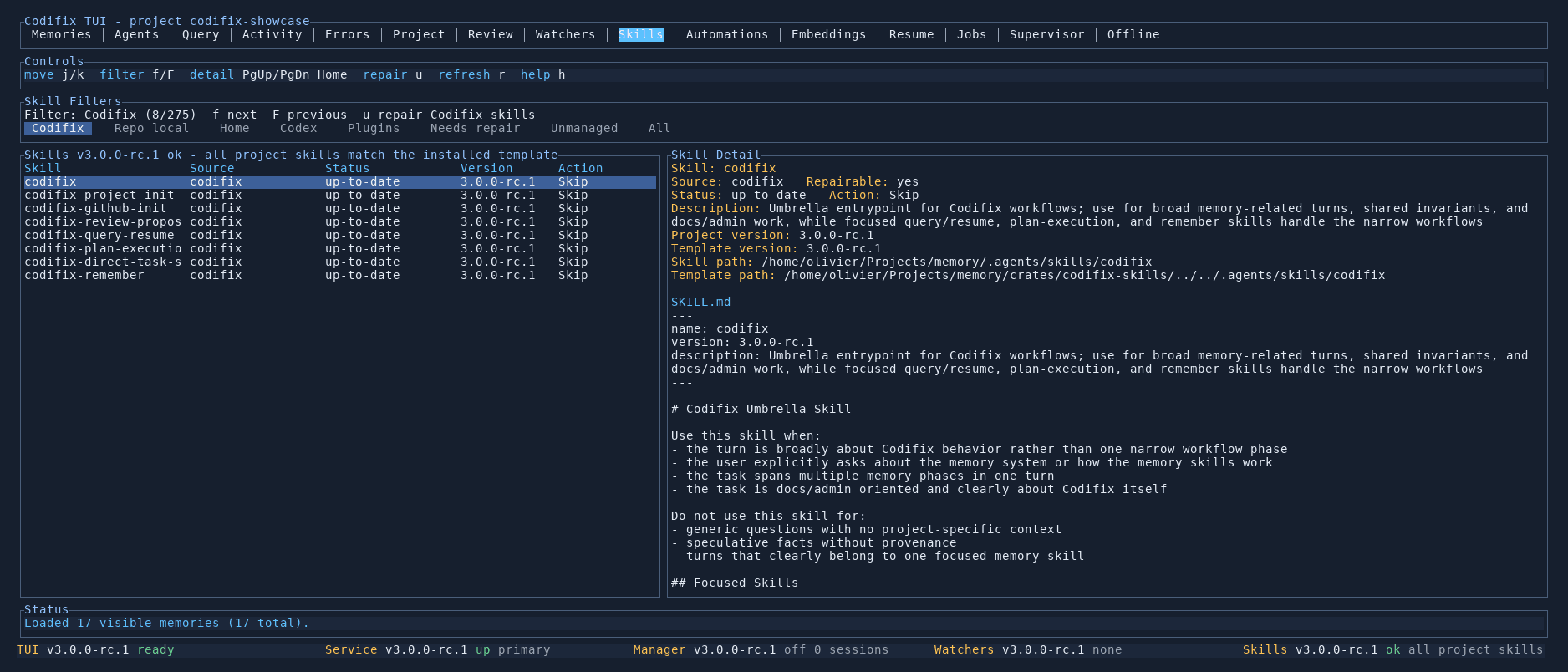 Skill inventory and rendered SKILL.md content in the TUI